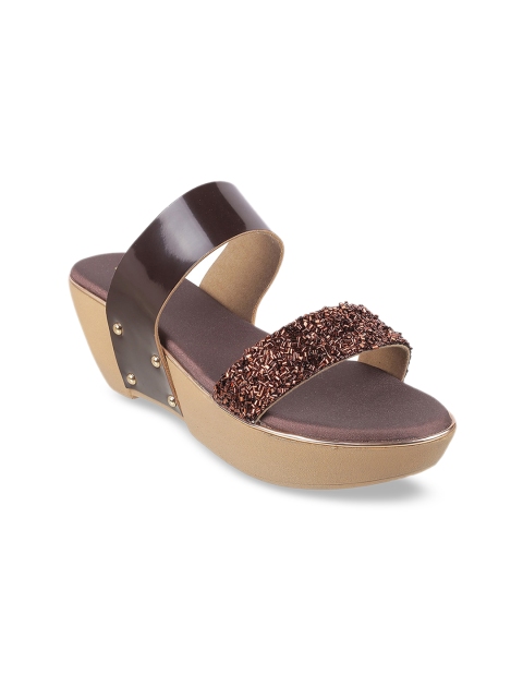 

WALKWAY Women Bronze-Toned & Coffee Brown Embellished Flatforms