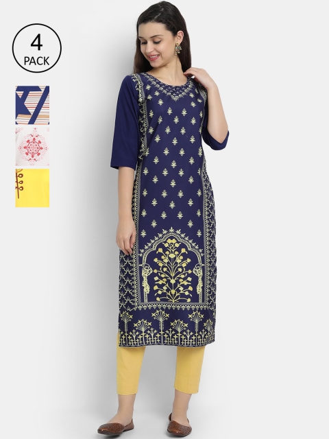 Ethnic basket Women Pack Of 4 Printed Crepe Kurtas, Multi