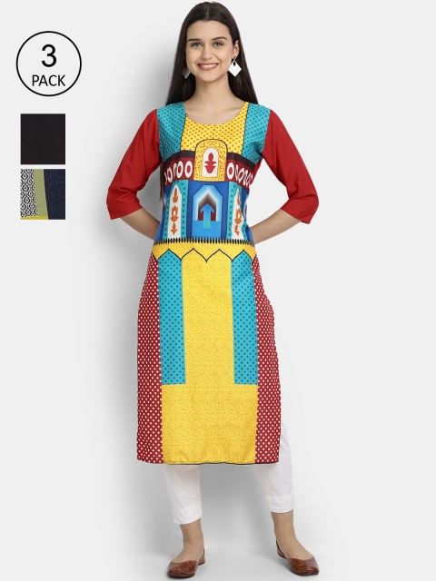

Ethnic basket Women Pack Of 3 Geometric Printed Crepe Kurta, Red