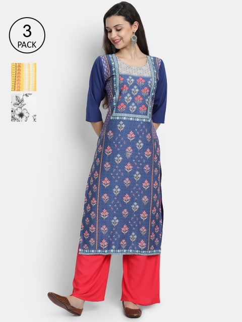 

Ethnic basket Women Pack Of 3 Multicoloured Ethnic Motifs Printed Crepe Kurtas, Multi