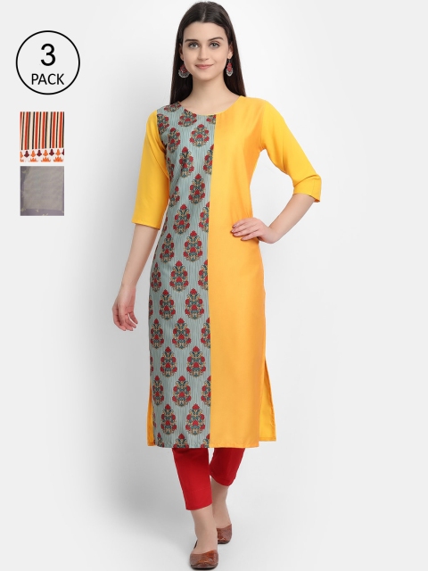 

Ethnic basket Women Pack Of 3 Ethnic Motifs Printed Crepe Kurta, Yellow