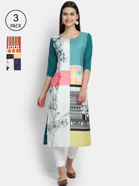 

Ethnic basket Women Pack Of 3 Floral Printed Crepe Kurta, Green