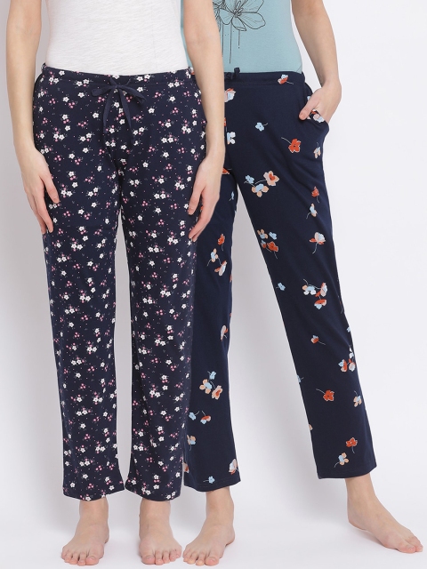 

Kanvin Women Pack Of 2 Floral Printed Cotton Lounge Pants, Navy blue