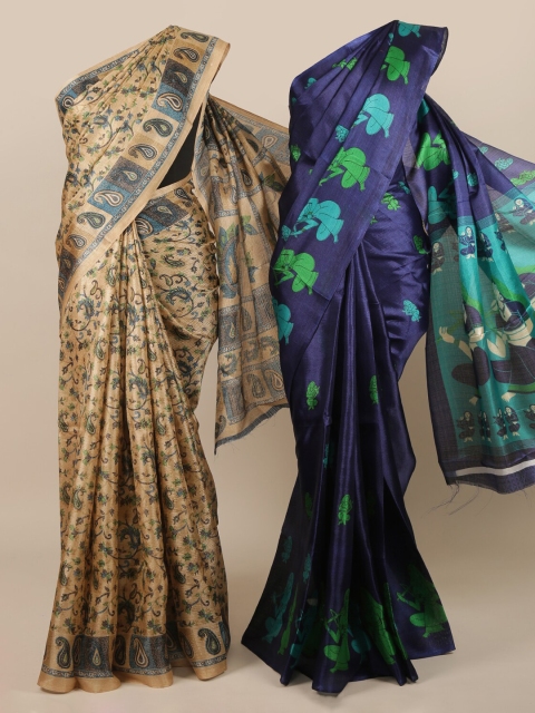 

Pothys Pack of 2 Beige & Blue Jute Silk Printed Saree