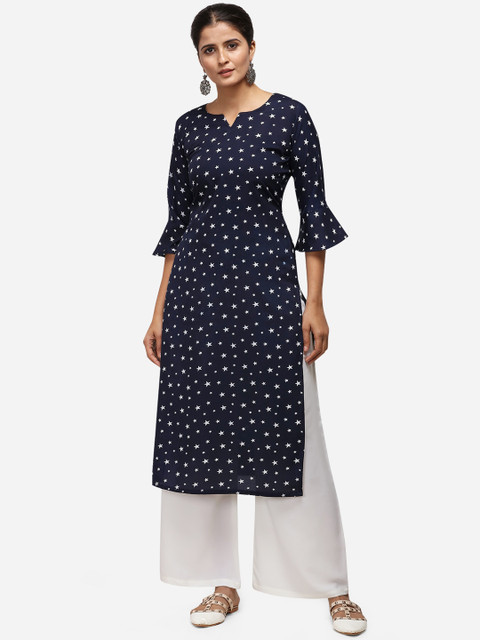 

Florence Women Navy Blue & White Printed Straight Kurta With Palazzos