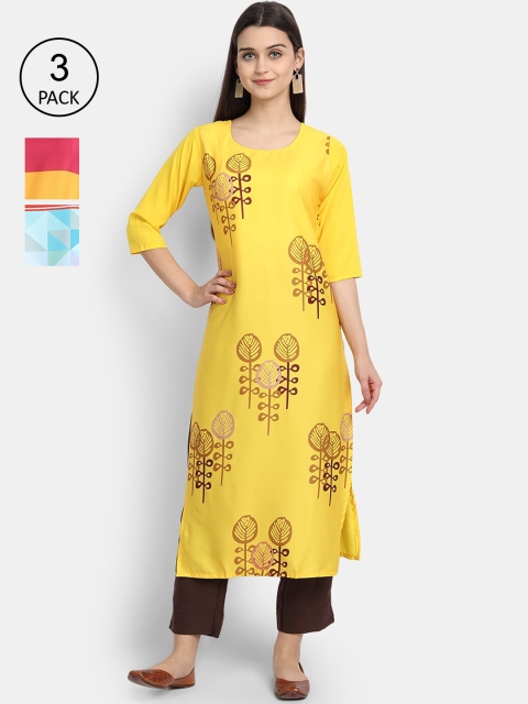 

Ethnic basket Women Pack Of 3 Multicoloured Floral Printed Crepe Kurta, Multi