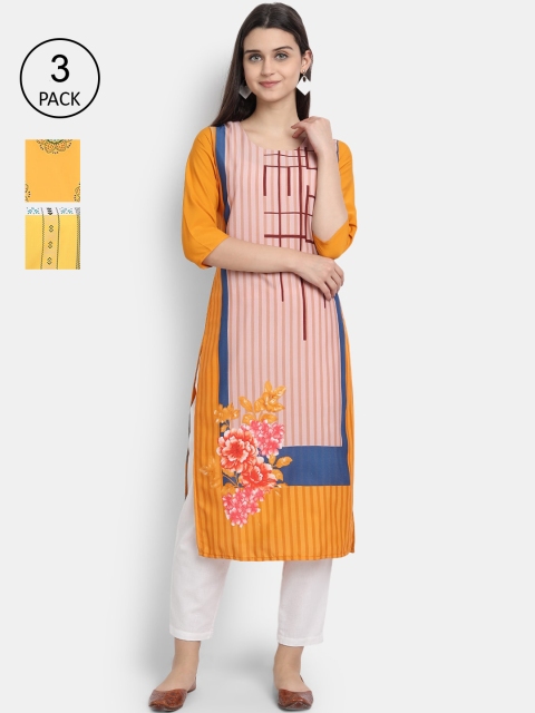 

Ethnic basket Women Pack of 3 Ethnic Motifs Printed Regular Sleeves Thread Kurta, Mustard
