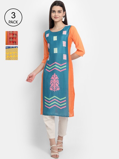 

Ethnic basket Women Pack Of 3 Geometric Printed Crepe Kurta, Blue