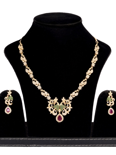 Saraf RS Jewellery Gold-Plated White & Magenta Pink AD-Studded Handcrafted Jewellery Set