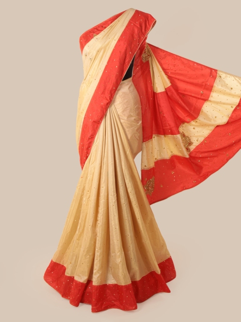 

Pothys Cream-Coloured & Orange Art Silk Embellished Saree