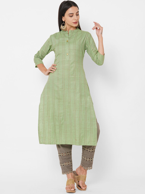 

FASHOR Women Green & Red Striped Thread Work Kurta