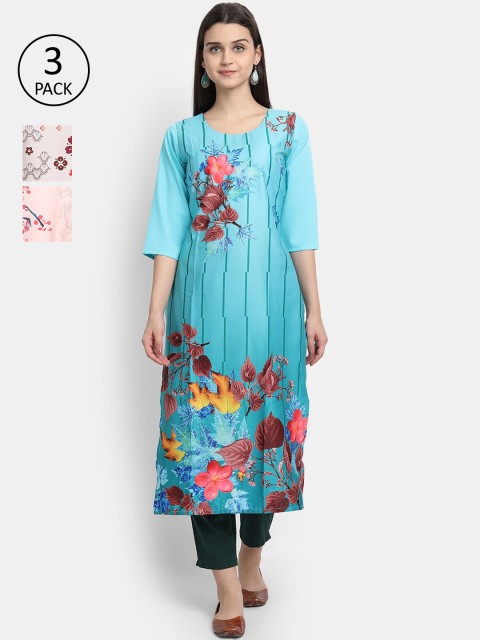 

Ethnic basket Women Pack Of 3 Multicoloured Floral Printed Crepe Kurta, Multi