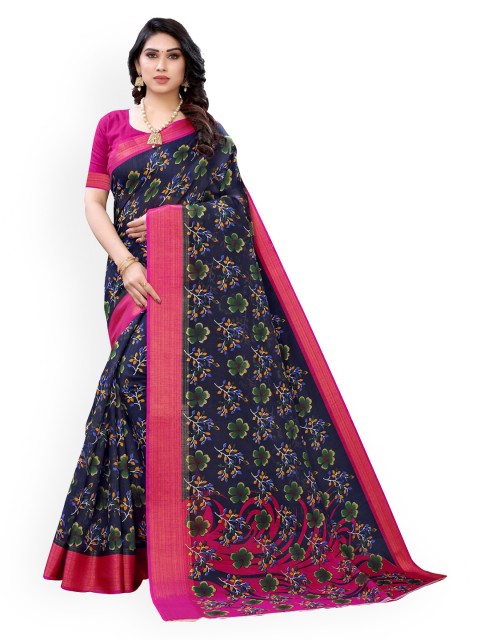

KALINI Navy Blue Printed Polycotton Saree