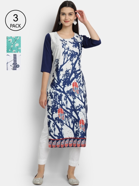 

Ethnic basket Women Pack Of 3 Printed Floral Crepe Kurtas, White