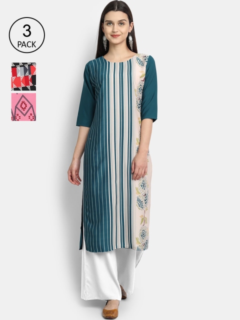 

Ethnic basket Women Pack Of 3 Striped Straight Kurta, Multi