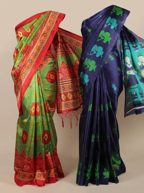 

Pothys Green & Blue Pack of 2 Jute Silk Printed Saree