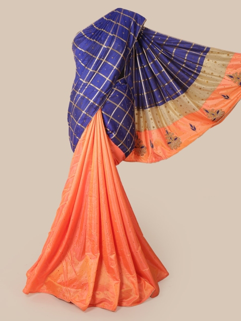 

Pothys Peach-Coloured & Navy Blue Art Silk Checked Half & Half Saree