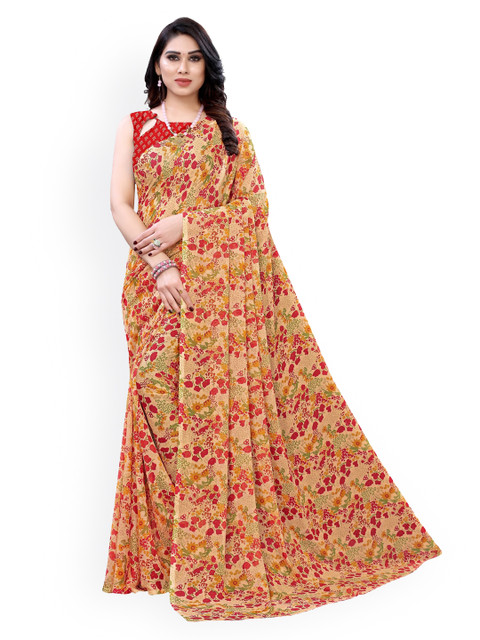 

KALINI Cream-Coloured & Red Poly Chiffon Printed Saree