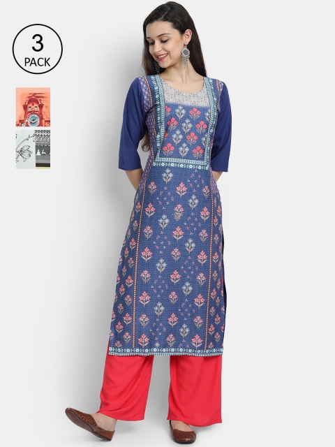 

Ethnic basket Women Multicoloured Set of 3 Floral Printed Crepe Kurta, Multi