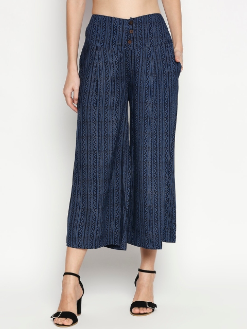 

People Women Navy Blue Striped High-Rise Culottes Trousers