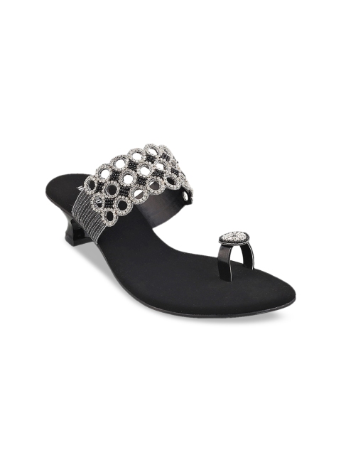 

WALKWAY Women Black & Silver-Toned Embellished Beaded Kitten Heels