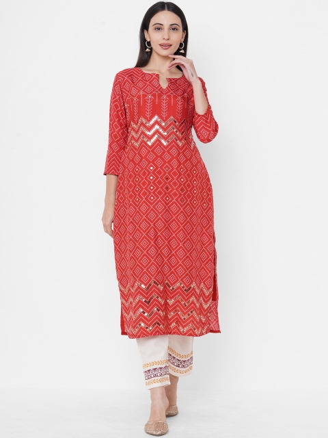 

FASHOR Women Red & White Bandhani Mirror Work Kurta