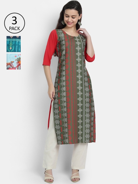 

Ethnic basket Women Pack Of 3 Ethnic Motifs Printed Crepe Kurta, Red