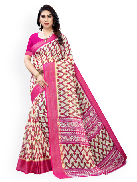 

KALINI Cream-Coloured & Pink Polycotton Printed Saree