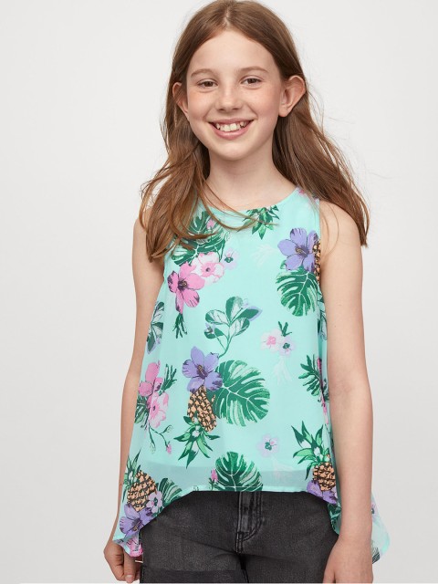 

H&M Girls Turquoise Floral Printed Asymmetric Top, Turquoise blue
