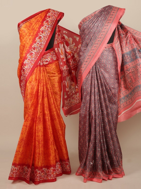 

Pothys Pack of 2 Orange & Pink Jute Silk Printed Saree