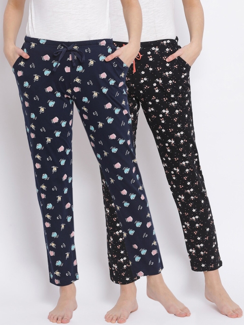 

Kanvin Women Pack Of 2 Printed Pure Cotton Lounge Pants, Navy blue