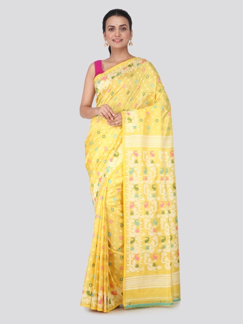 

PinkLoom Yellow Ethnic Motifs Pure Silk Jamdani Sustainable Saree