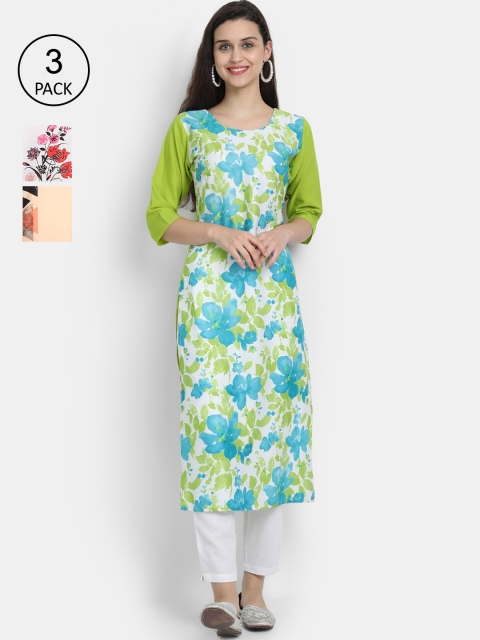

Ethnic basket Women Pack Of 3 Floral Printed Crepe Kurta, Green