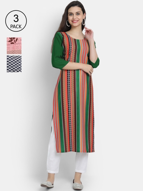 

Ethnic basket Women Pack Of 3 Multicoloured Striped Crepe Kurta, Multi