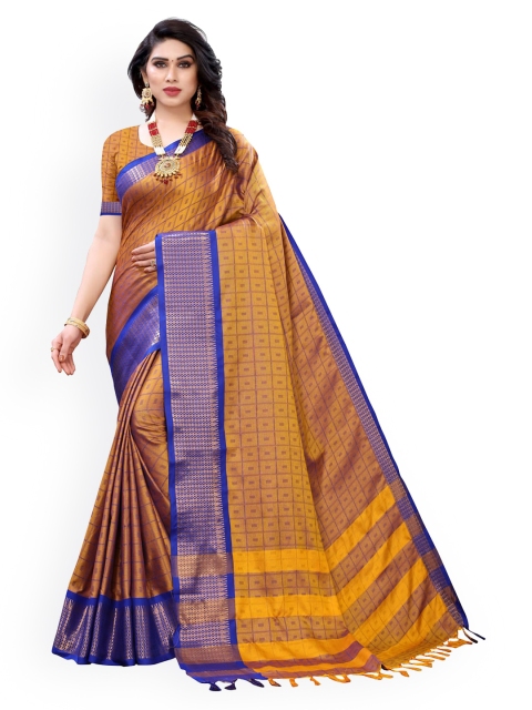 

KALINI Mustard & Blue Silk Blend Checked Kanjeevaram Saree