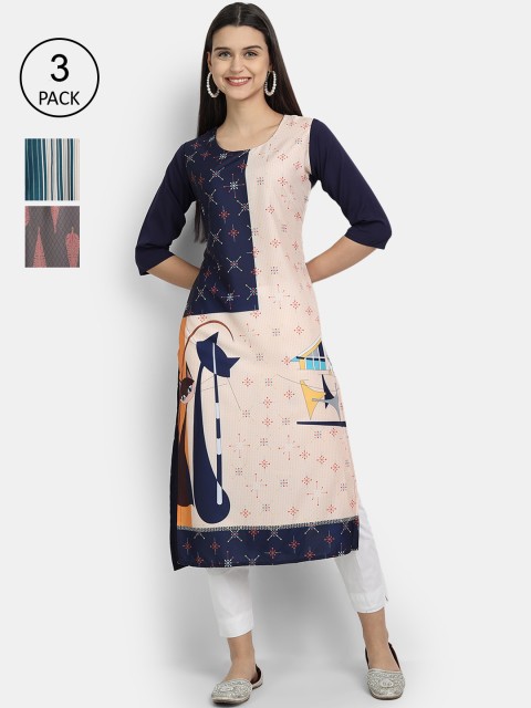 

Ethnic basket Women Pack Of 3 Multicoloured Floral Printed Crepe Kurta, Multi