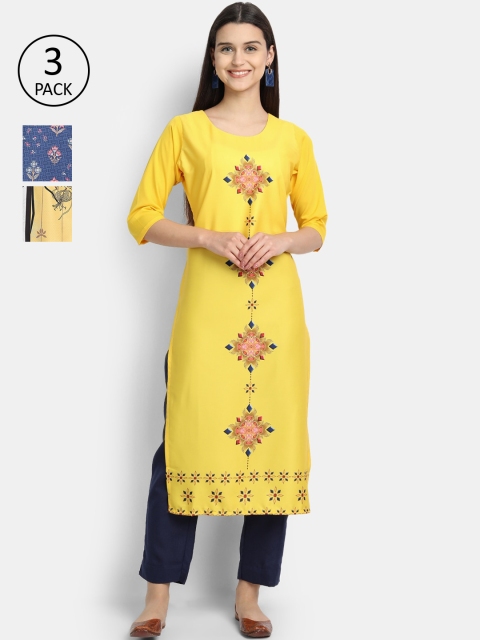 

Ethnic basket Women Pack Of 3 Multicoloured Ethnic Motifs Printed Crepe Kurtas, Multi