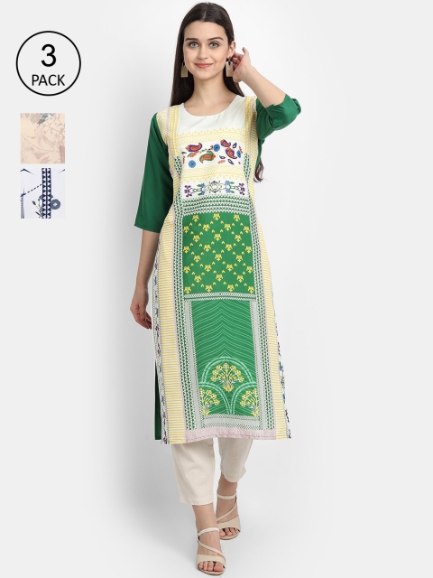 

Ethnic basket Women Pack Of 3 Geometric Printed Crepe Kurtas, White