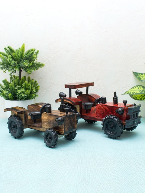 

WISHTANK Set Of 2 Handicrafts Wooden Tractor Miniature Showpiece, Brown