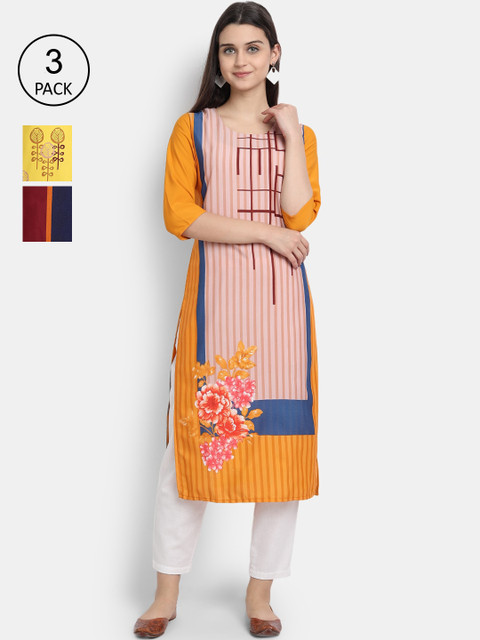 

Ethnic basket Women Pack of 3 Ethnic Motifs Printed Regular Sleeves Thread Kurta, Yellow