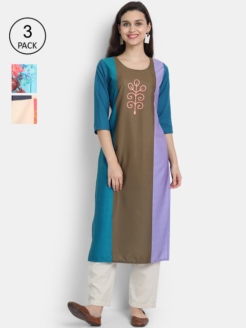 

Ethnic basket Women Pack Of 3 Multicoloured Coloublocked Crepe Kurtas, Multi