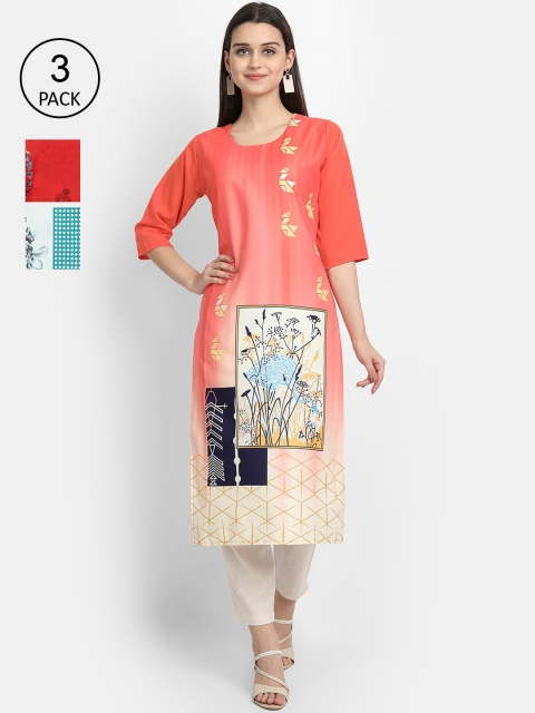 

Ethnic basket Women Pack Of 3 Multicoloured Ethnic Motifs Printed Crepe Kurta, Multi