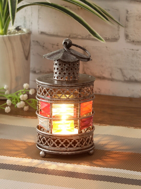 

Aapno Rajasthan Unisex Silver-Toned Rustic Gun Metal Tea Light Holder With Stones