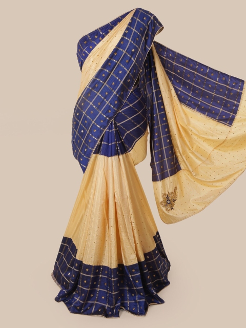 

Pothys Cream-Coloured & Navy Blue Art Silk Checked Saree