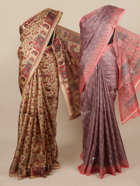 

Pothys Pack of 2 Tan & Peach-Coloured Jute Silk Printed Saree