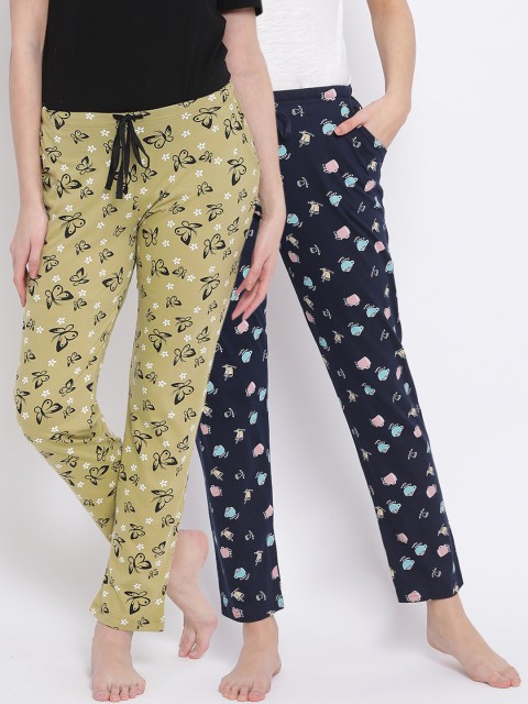 

Kanvin Women Pack Of 2 Printed Pure Cotton Lounge Pants, Navy blue