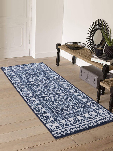 

RUGSMITH White & Blue Printed Anti-Skid Floor Runner