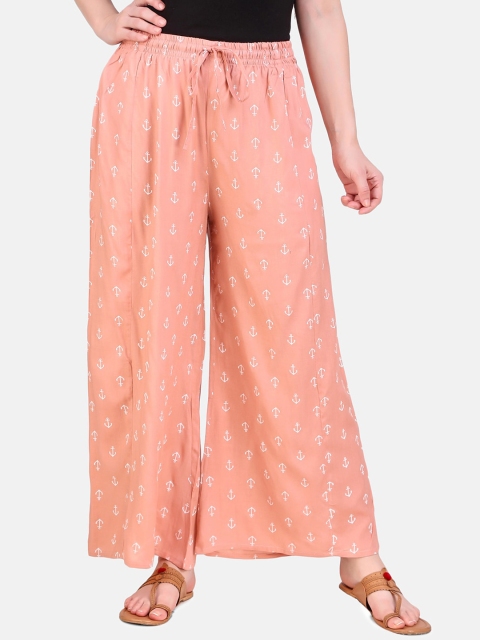 

Aawari Women Peach-Coloured & White Printed Regular Fit Parallel Trousers