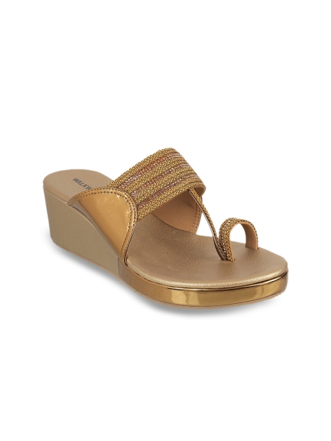 

WALKWAY Women Gold-Toned & Rose Gold-Toned Ethnic Embellished One-Toe Wedges