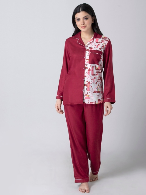 

ADORENITE Women Maroon Soft Viscose Night Suit
